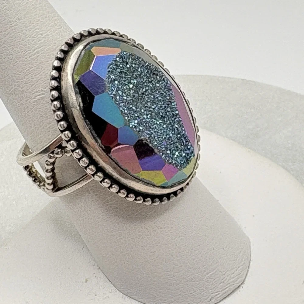 Colleen Lopez Sterling Silver Ring Titanium Mystic Druzy Quartz 9 Adjustable